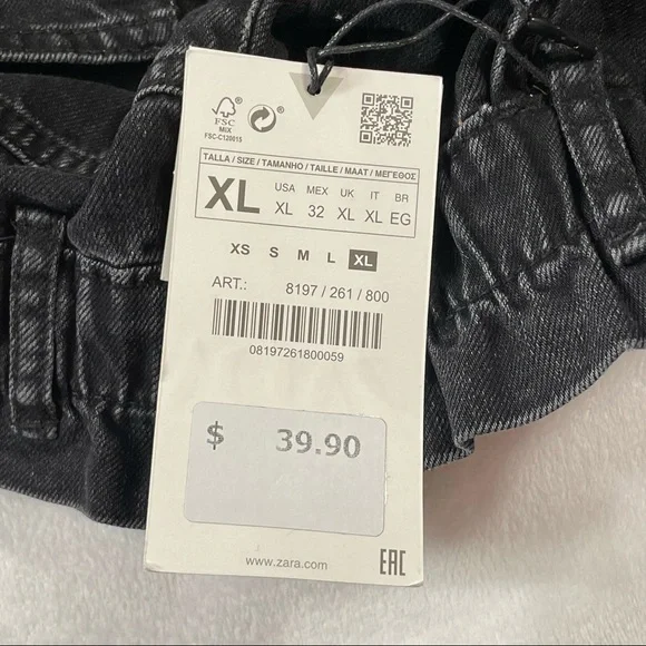 NWT Zara Black Elastic Paper Bag Waist Ultra High Rise 100% Cotton Jeans Size XL - Picture 16 of 16